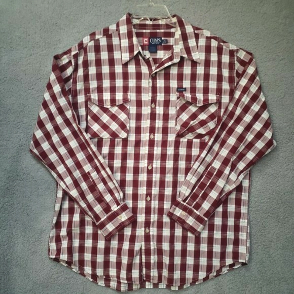 Chaps Men's Plaid Shirt Maroon XL/TG/XG Bellows Pockets Long Sleeve Button Up